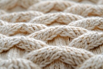 Fototapeta premium The close-up view highlights an intricate pattern of knitted cream yarn, revealing the warm, cozy texture of the fabric illuminated by soft daylight.