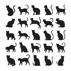 Cats Silhouettes Cats Set of silhouettes black cat, on white background. Vector Cats behavior 