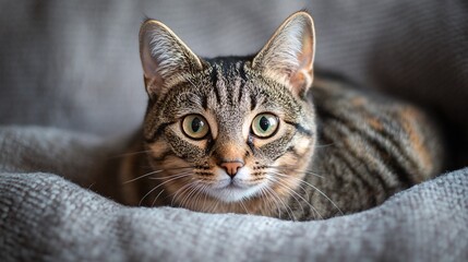 A close-up of a curious tabby cat lounging on a cozy blanket, showcasing its bright green eyes and distinct stripes.