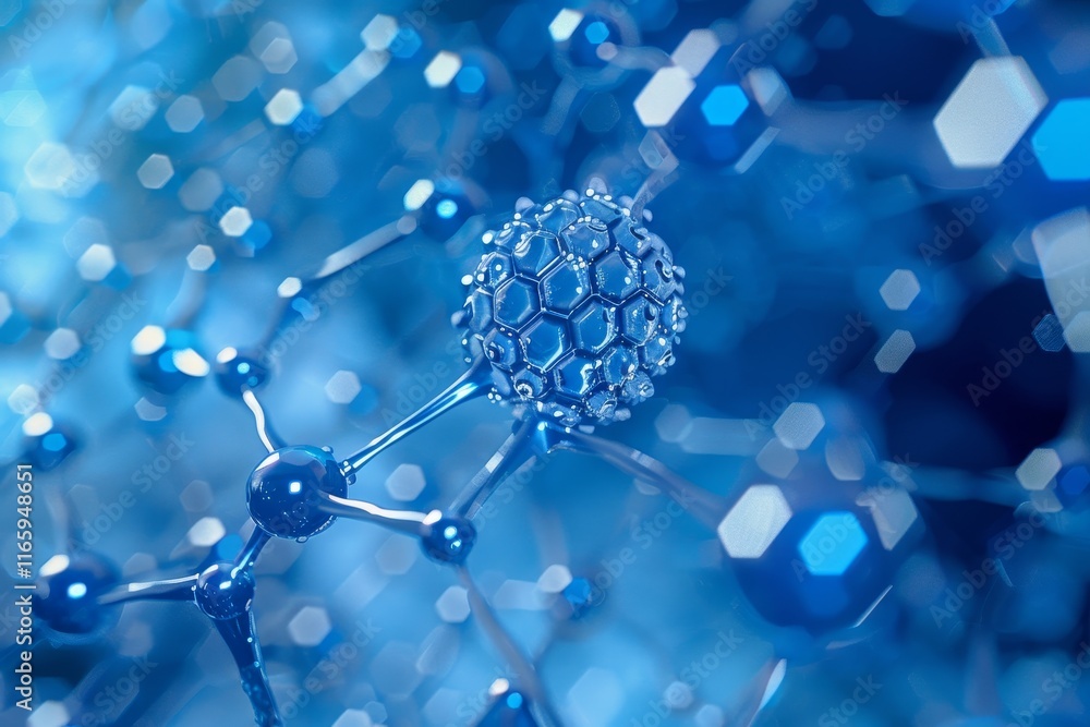 Poster a visually striking depiction of molecular structures designed in various shades of blue, reflecting
