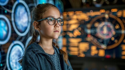 Naklejka premium Young girl wearing glasses deeply engaged in learning and exploring digital knowledge on computer