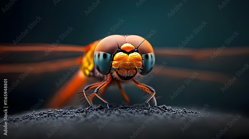 Poster digital macro photograph showcasing the intricate and mesmerizing compound eyes of a dragonfly as it