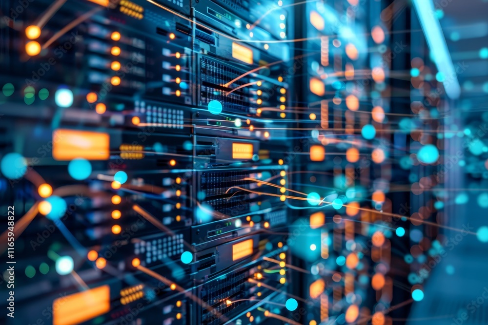 Poster advanced data center featuring rows of illuminated servers interconnected by vibrant cables, showcas