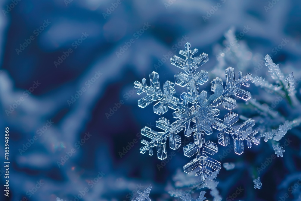 Poster this intricate snowflake highlights its unique crystalline structure as it gently rests on frost-cov