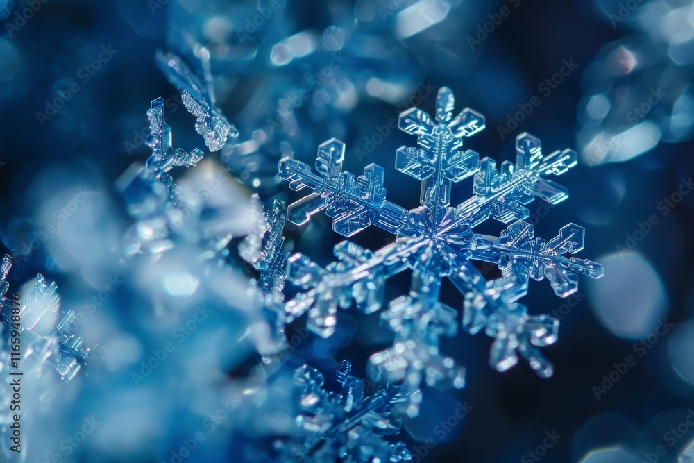 Poster delicate snowflakes sparkle in shades of blue, creating a mesmerizing display as they drift through 