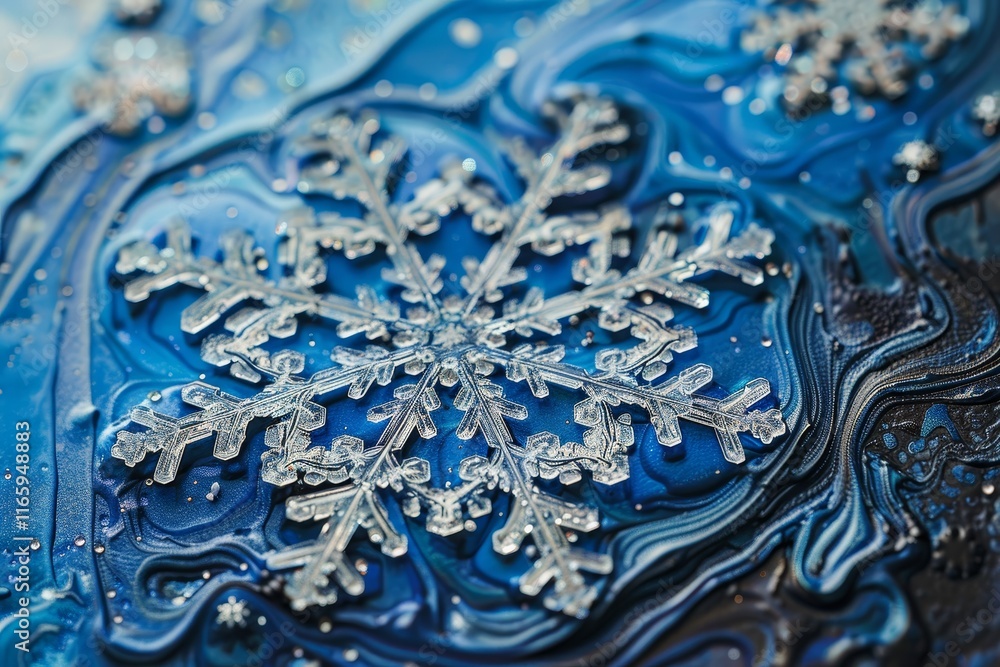 Poster the artwork features a stunning snowflake resting on a vibrant blue surface, showcasing intricate de