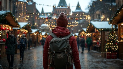 Obraz premium Person with backpack at snowy Christmas market.