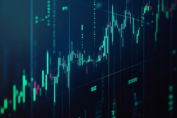Stock market graph with upward candlestick charts and green arrows on a dark blue background, symbolizing financial growth.