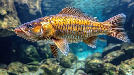 Golden carp swimming in aquarium.