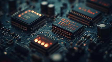 Fototapeta premium Close-up view of intricate circuitry with glowing elements in a modern electronic device