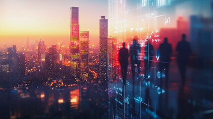 Abstract business team stands on the peak of success amid tall, innovative Smart city and graphs with statistics to analyze business potential and predict future developments in company growth.