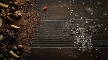 Creative layout of spices and star anise, visual feast against a wooden background, with text design space as background