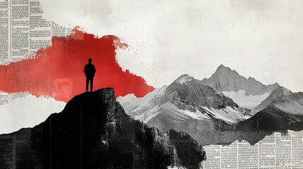 A man stands on the mountain, with mountains and a collage of newspaper textures in the background, red paint splashes