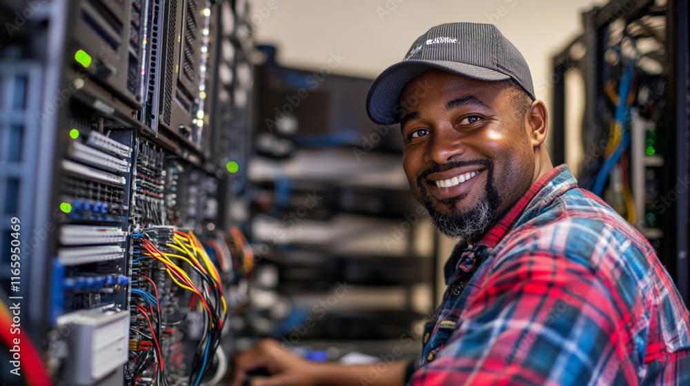 Poster technician working on server setup in data center during business hours