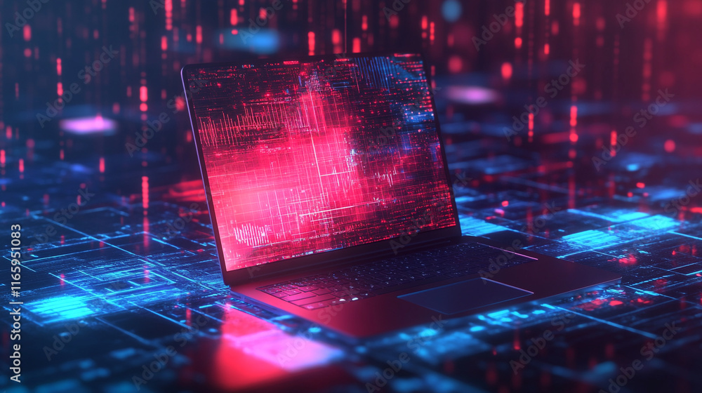 Poster digital landscape with a glowing laptop displaying vibrant data visualization