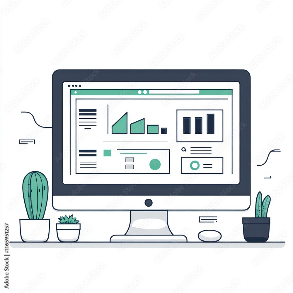 Poster desktop computer displaying business analytics data graphs