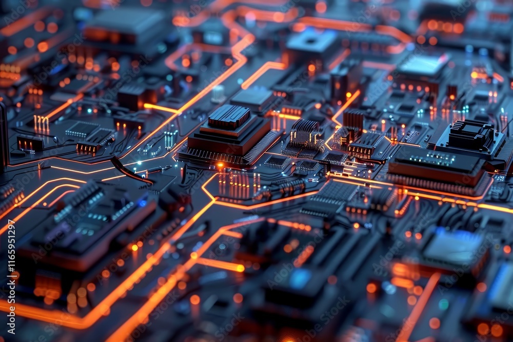 Poster a detailed view of a circuit board illuminated by vibrant orange and blue lights showcases the compl