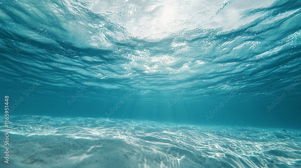 Poster tranquil underwater scene showcasing shimmering turquoise waters with soft light filtering through w