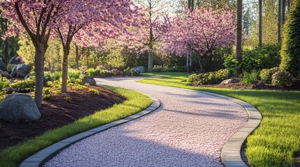 Fototapeta premium A serene garden pathway adorned with cherry blossoms, inviting a peaceful stroll through nature's beauty.