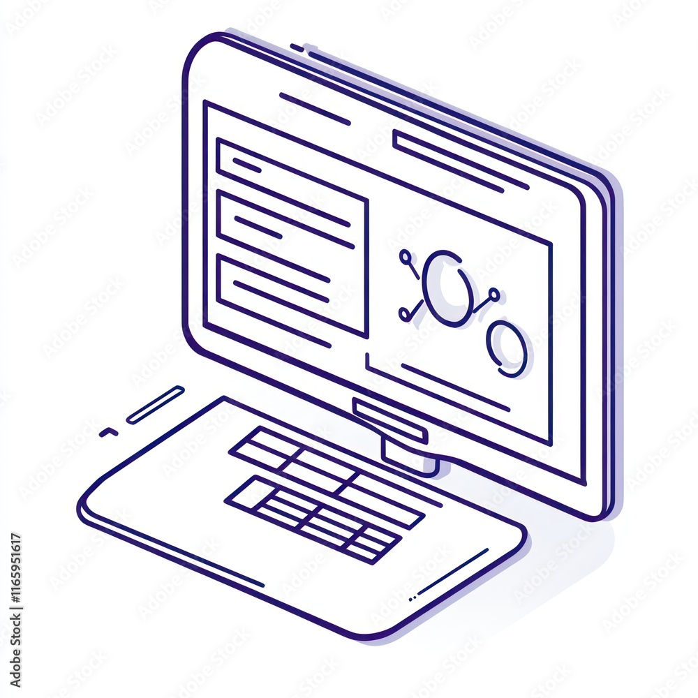 Poster isometric illustration of a computer displaying data analysis