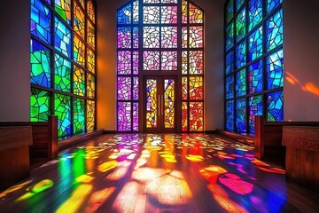A peaceful Sunday service in a countryside chapel, with sunlight streaming through colorful stained-glass windows, families singing hymns, and a priest delivering a heartfelt sermon. Add intricate 