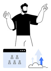 Man gesturing confidently, team members in online interface, arrows rising from a cloud. Ideal for leadership, growth, teamwork, innovation, remote work planning ambition. Abstract line flat