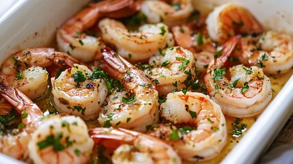 A vibrant dish of succulent shrimp garnished with fresh herbs, showcasing rich flavors and a tantalizing appeal.