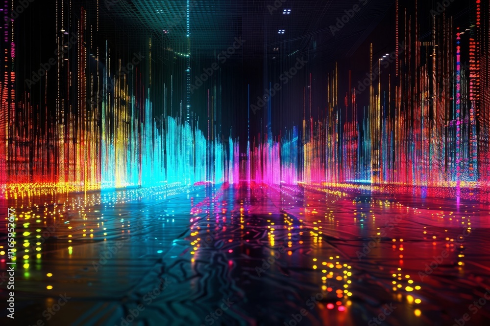 Poster colorful wave patterns rise and fall in a dark space, illustrating the dynamic flow of sound frequen