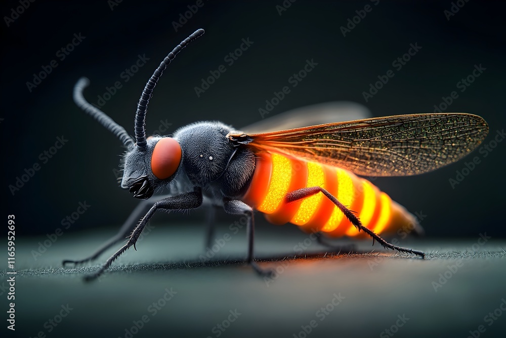 Poster magnified view of a firefly s glowing abdominal segments emitting alarm pheromones to deter predator