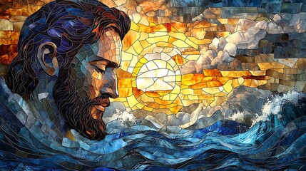 The moment Jesus calms the storm, depicted in vibrant stained glass, his serene expression framed by radiant light, the stormy sea transitioning into calm ripples,