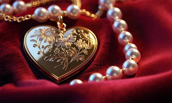 Golden heart locket with intricate floral engravings, placed on a bed of red velvet and surrounded by pearls,