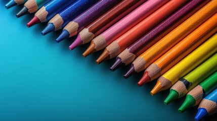 Obraz premium Colored pencils arranged on teal background.