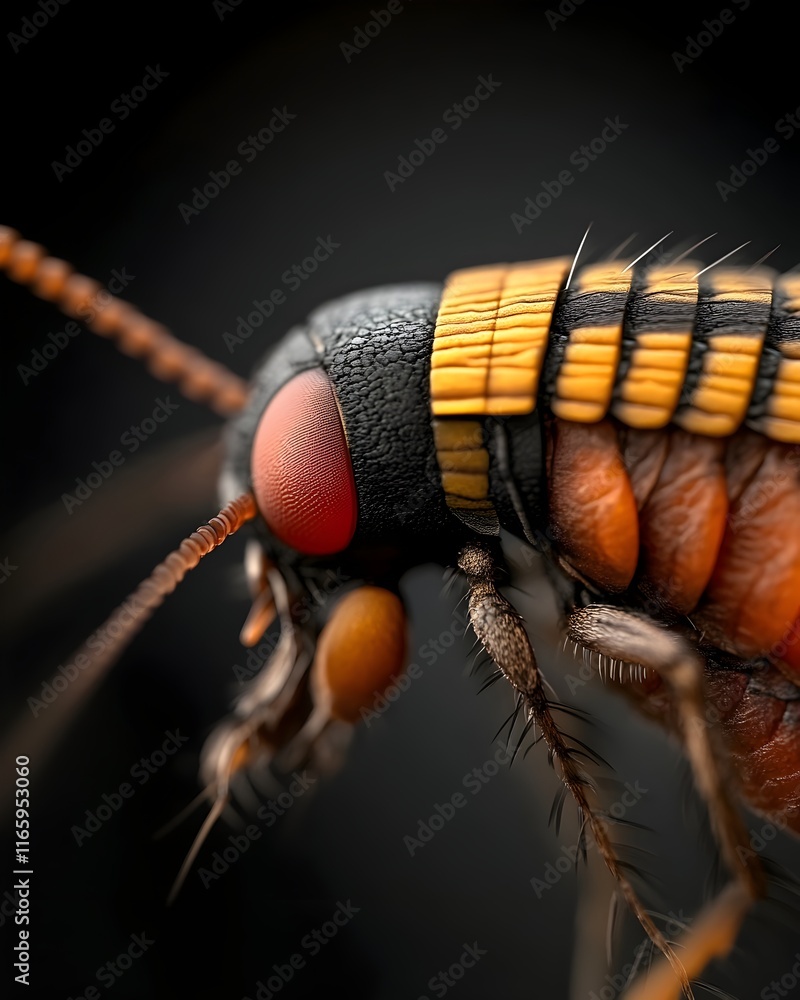Poster extreme close up macro shot showcasing the intricate and unsettling anatomy of a flea with a sharp f