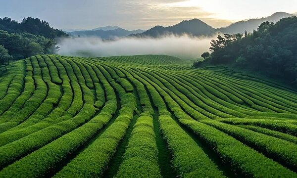 Lush green tea fields with rolling hills and misty mountains in the background at sunrise.