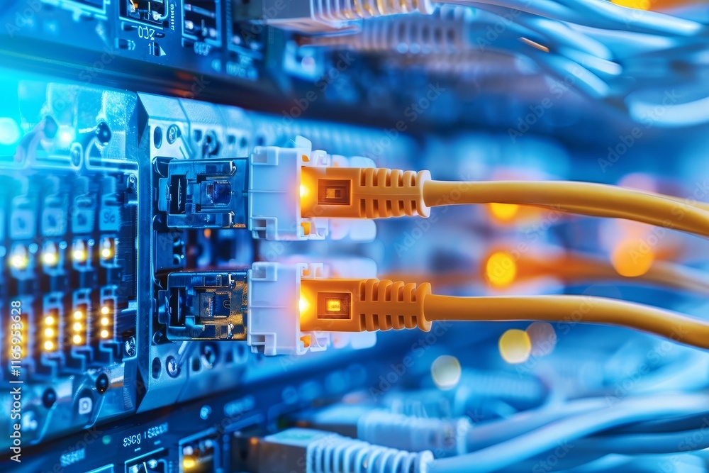 Aufkleber two network cables are connected to a server in a data center, showcasing illuminated ports and vibr