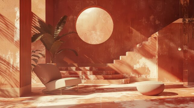 Sunlight illuminating a modern, minimalist interior with warm terracotta tones, featuring a staircase, a designer chair, and tropical plants