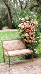 Obraz premium A serene Islamic wedding in a flower-filled garden, with a canopy adorned with glowing lanterns, families seated on colorful rugs, and the couple standing before an intricately decorated arch. 