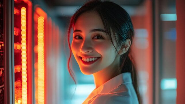 Smiling woman in a data center surrounded by illuminated servers at night