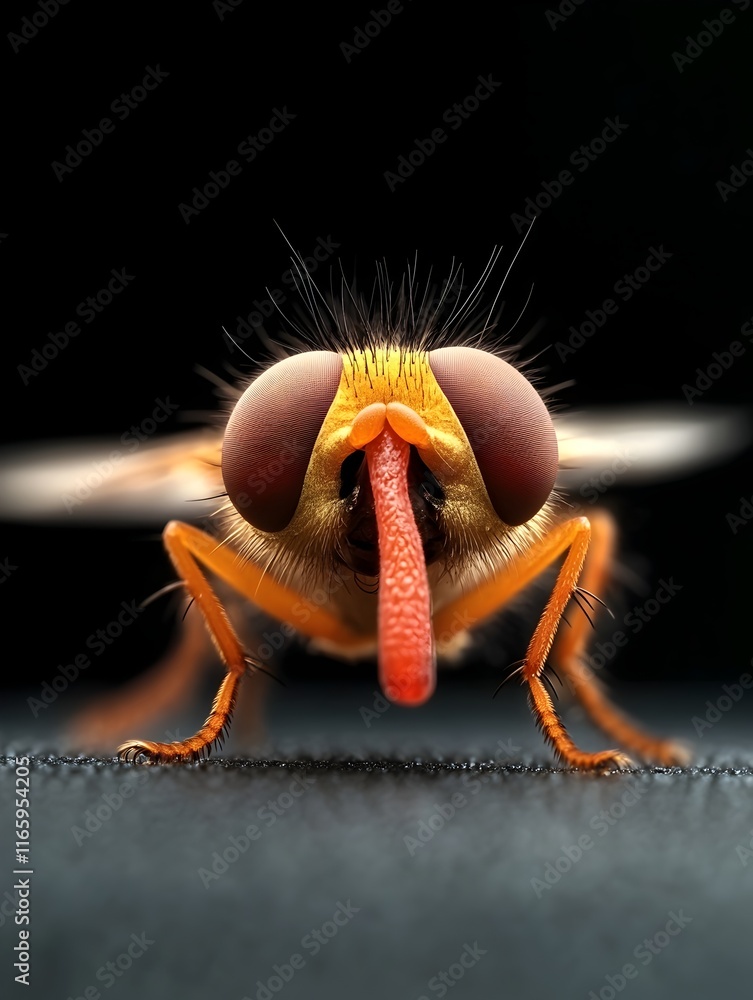 Poster intricate macro photography of a fly s proboscis quickly sensing alarm pheromones and taking flight 