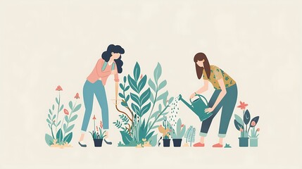 Gardening concept with people watering plants.