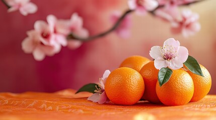 High-resolution photograph of oranges on an orange tablecloth with pink cherry blossoms in the background, showcasing a serene Chinese New Year vibe