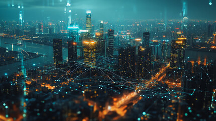 Abstract business team stands on the peak of success amid tall, innovative Smart city and graphs with statistics to analyze business potential and predict future developments in company growth.