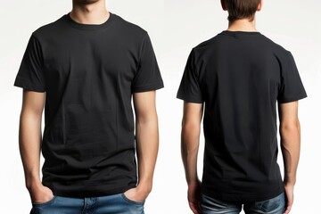 A model wearing a plain black t-shirt poses in front and back views against a neutral backdrop, emphasizing the simple design in a studio setting.