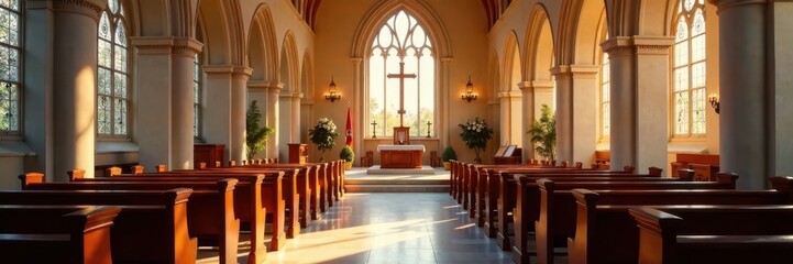 Naklejka premium Elegant church interior, memorial service details , goodbye, decorations, quiet