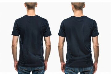 A young man stands confidently, dressed in a fitted dark t-shirt and blue jeans, highlighting a modern and casual fashion choice against a simple backdrop.