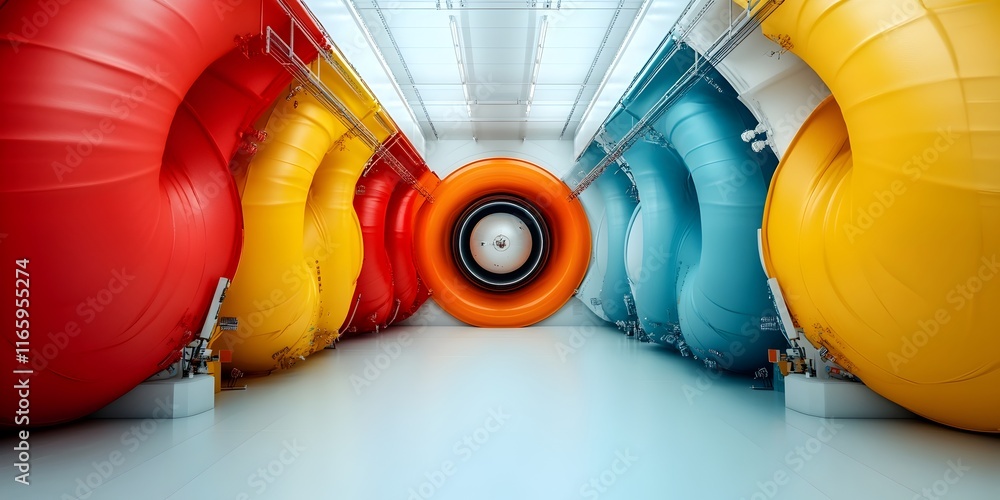 Poster futuristic fusion energy research complex featuring plasma containment field visualizations particle