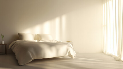Sunny minimalist bedroom with a large bed and sheer curtains, perfect for a peaceful retreat