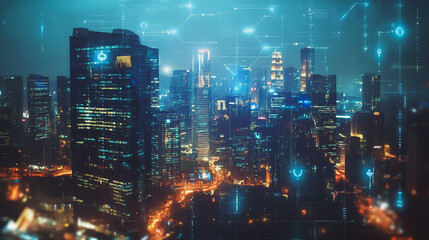 Fototapeta premium Abstract business team stands on the peak of success amid tall, innovative Smart city and graphs with statistics to analyze business potential and predict future developments in company growth.