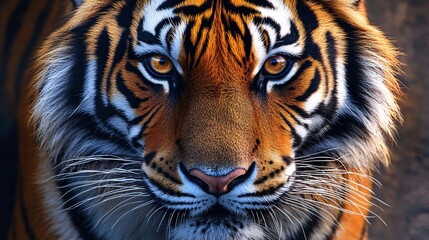 Fototapeta premium A close-up view of a majestic Bengal tiger with striking orange fur and piercing eyes, captured in a stunning natural setting.