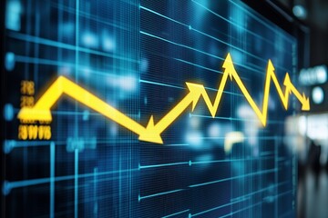 Stock market graph with rising yellow arrows, business growth concept, blurred blue glass wall background.